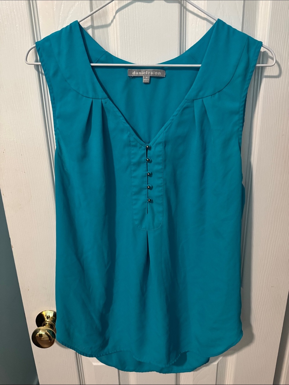 Daniel Rainn Teal Sleeveless V-Neck Blouse with Button Placket